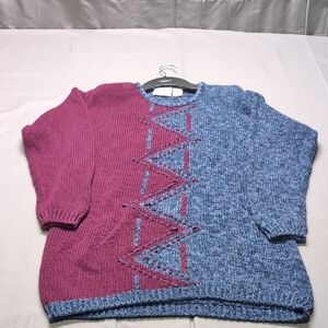 Pasta Vintage Women Colorblock Geometric Knit Sweater Blue Burgundy Ramie Cotton